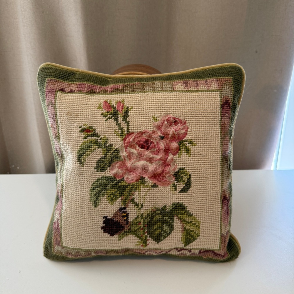 Vintage Floral Needlepoint Throw Pillow Pink Roses Velvet Backing Square Accent